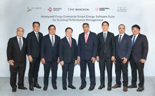 From left to right 1. Mr. Teerapan Luengnaruemitchai, Managing Director of T.C.C. Technology Co., Ltd. 2. Mr. Pipit Jariyavattanavijit, Deputy Managing Director - Commercial & Operation of T.C.C. Technology Co., Ltd. 3. Mr. Worawat Srisaan, Deputy Chief Executive Officer of One Bangkok 4. Mr. Panote Sirivadhanabhakdi Group Chief Executive Officer of Frasers Property Limited, a developer of One Bangkok 5. Mr. Vimal Kapur, Honeywell Chief Executive Officer 6. Mr. Peerasak Gamonsugosol, President Thailand & Vietnam, Honeywell High Growth Regions 7. Mr. Sharad Yadav, Vice President General Manager, Honeywell Building Technologies Rest of Asia 8. Mr. Akaparp Suphaklert, Acting Managing Director, Forward System Company Limited